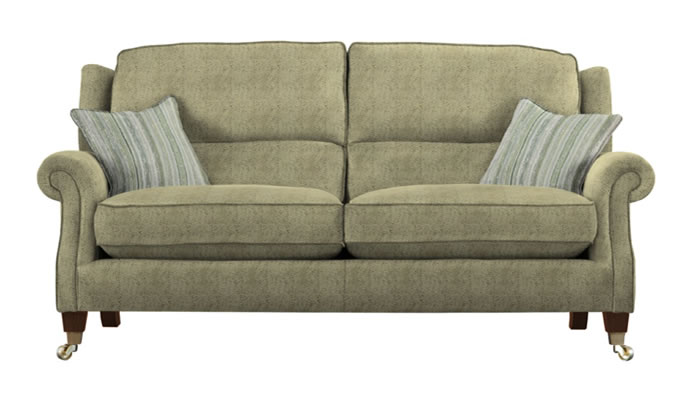 Parker Knoll Henley Large 2 Seater Sofa in Arcata Moss Fabric with Azora Forest Scatters and Mahogany Legs